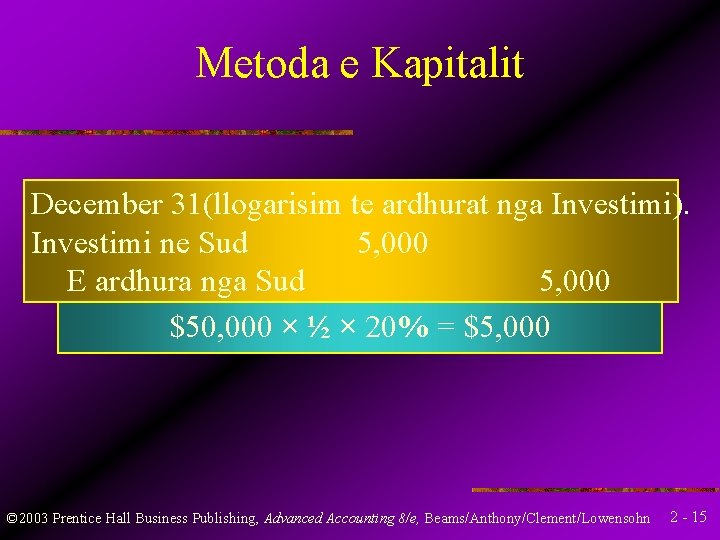 Metoda e Kapitalit December 31(llogarisim te ardhurat nga Investimi). Investimi ne Sud 5, 000