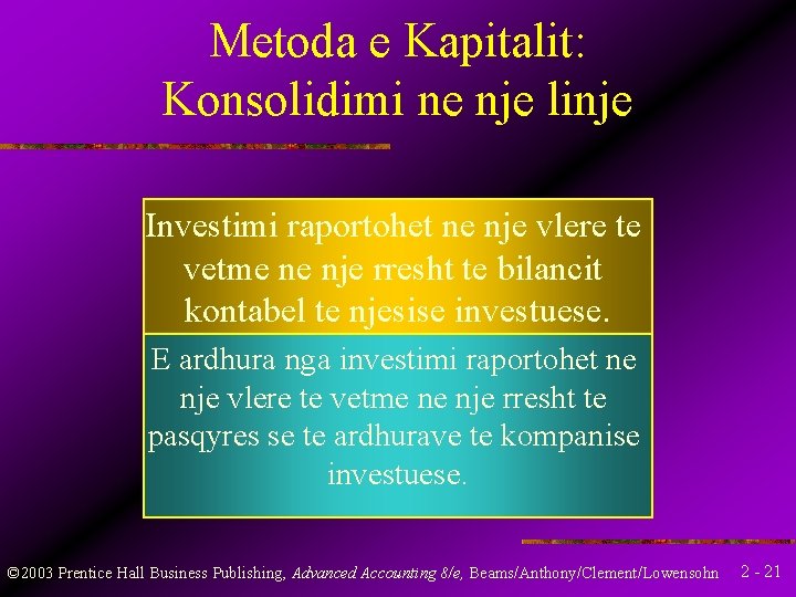 Metoda e Kapitalit: Konsolidimi ne nje linje Investimi raportohet ne nje vlere te vetme