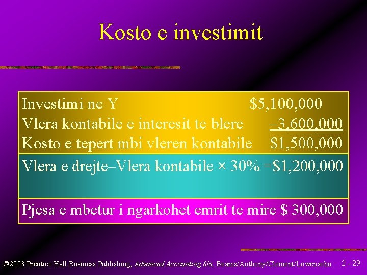 Kosto e investimit Investimi ne Y $5, 100, 000 Vlera kontabile e interesit te