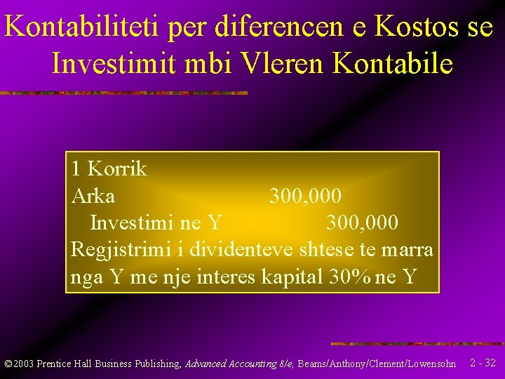 Kontabiliteti per diferencen e Kostos se Investimit mbi Vleren Kontabile 1 Korrik Arka 300,