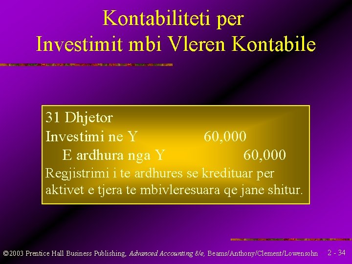 Kontabiliteti per Investimit mbi Vleren Kontabile 31 Dhjetor Investimi ne Y E ardhura nga