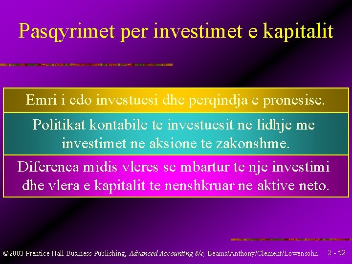 Pasqyrimet per investimet e kapitalit Emri i cdo investuesi dhe perqindja e pronesise. Politikat