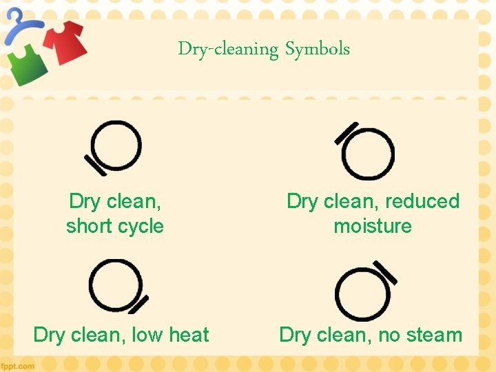 Dry-cleaning Symbols Dry clean, short cycle Dry clean, reduced moisture Dry clean, low heat