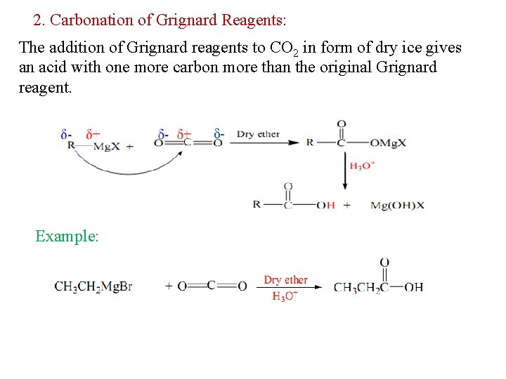 2. Carbonation of Grignard Reagents: The addition of Grignard reagents to CO 2 in