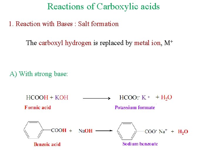 Reactions of Carboxylic acids 1. Reaction with Bases : Salt formation The carboxyl hydrogen