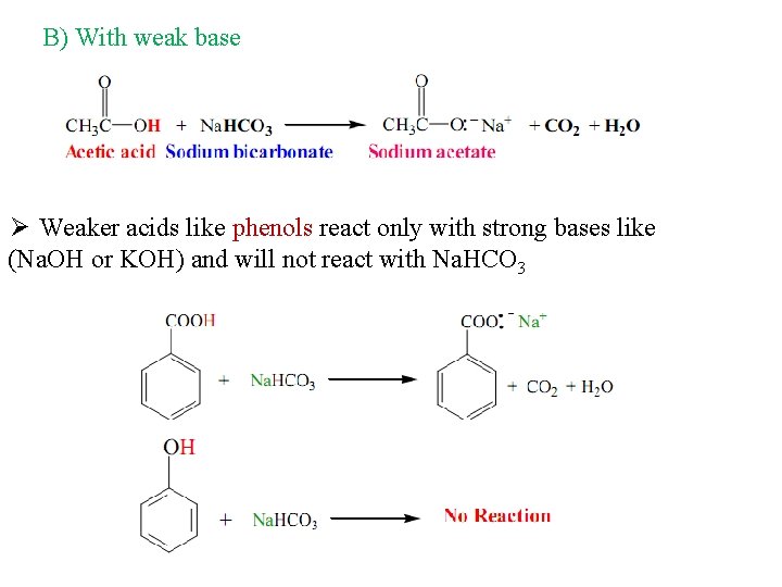B) With weak base Ø Weaker acids like phenols react only with strong bases
