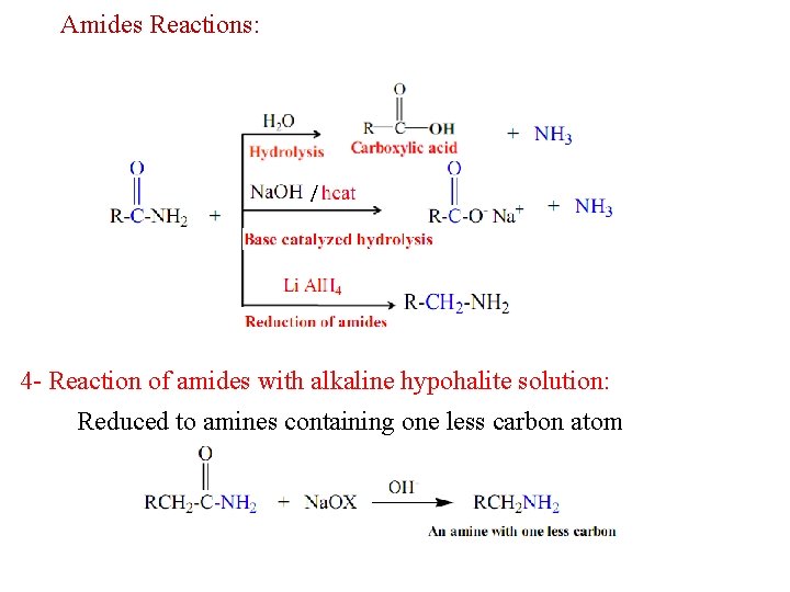 Amides Reactions: / 4 - Reaction of amides with alkaline hypohalite solution: Reduced to