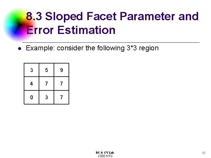8. 3 Sloped Facet Parameter and Error Estimation l Example: consider the following 3*3