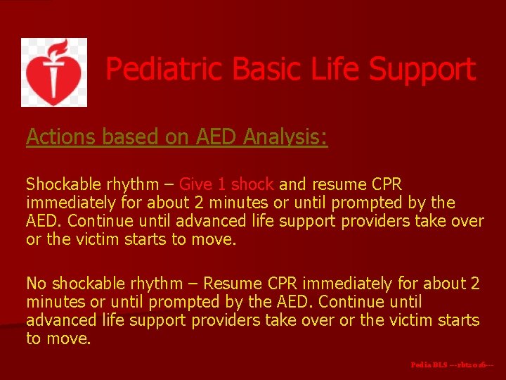 Pediatric Basic Life Support Actions based on AED Analysis: Shockable rhythm – Give 1