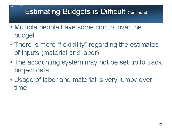 Estimating Budgets is Difficult Continued • Multiple people have some control over the budget