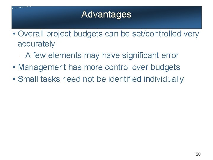 Advantages • Overall project budgets can be set/controlled very accurately – A few elements