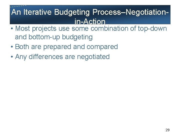 An Iterative Budgeting Process–Negotiationin-Action • Most projects use some combination of top-down and bottom-up