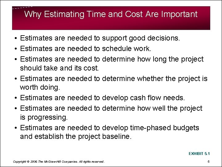 Why Estimating Time and Cost Are Important • Estimates are needed to support good