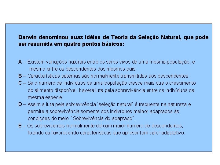 Darwin denominou suas idéias de Teoria da Seleção Natural, que pode ser resumida em