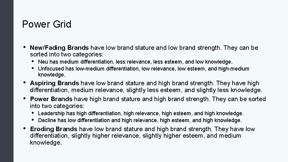 Power Grid • New/Fading Brands have low brand stature and low brand strength. They