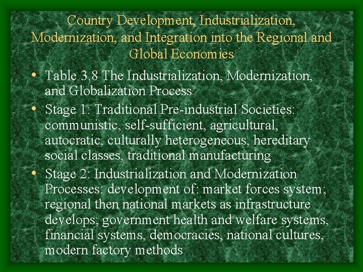 Country Development, Industrialization, Modernization, and Integration into the Regional and Global Economies • Table