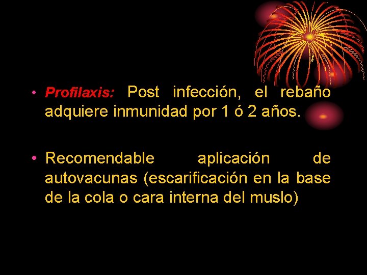  • Profilaxis: Post infección, el rebaño adquiere inmunidad por 1 ó 2 años.