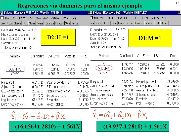 Regresiones via dummies para el mismo ejemplo D 2: H =1 ^ ^X ^