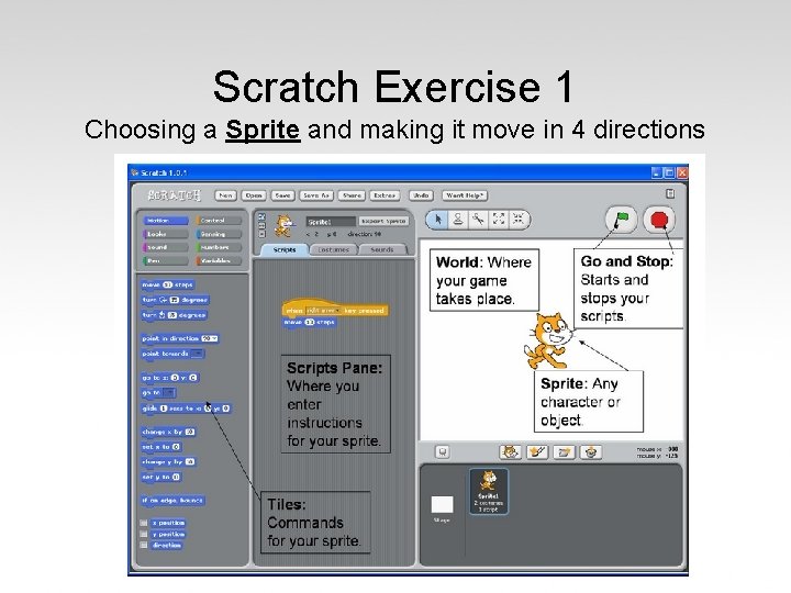 Scratch Exercise 1 Choosing a Sprite and making it move in 4 directions 