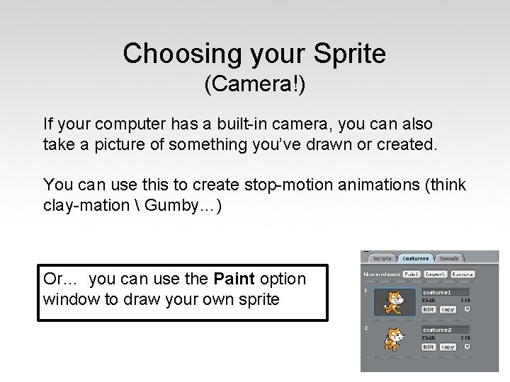 Choosing your Sprite (Camera!) If your computer has a built-in camera, you can also