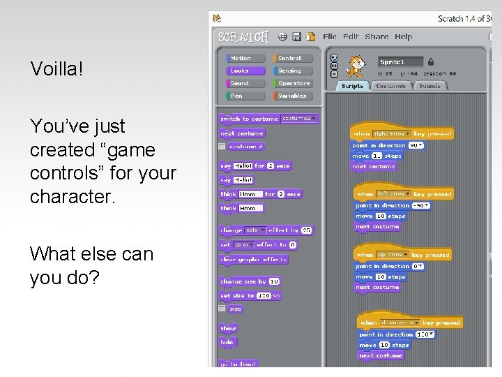 Voilla! You’ve just created “game controls” for your character. What else can you do?