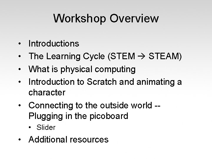 Workshop Overview • • Introductions The Learning Cycle (STEM STEAM) What is physical computing