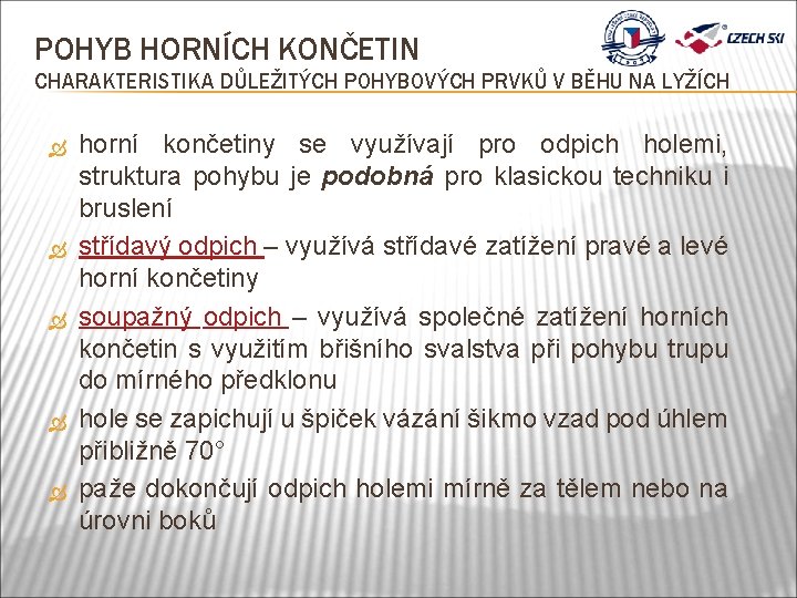 POHYB HORNÍCH KONČETIN CHARAKTERISTIKA DŮLEŽITÝCH POHYBOVÝCH PRVKŮ V BĚHU NA LYŽÍCH horní končetiny se