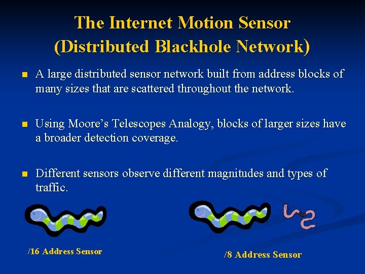 The Internet Motion Sensor (Distributed Blackhole Network) n A large distributed sensor network built