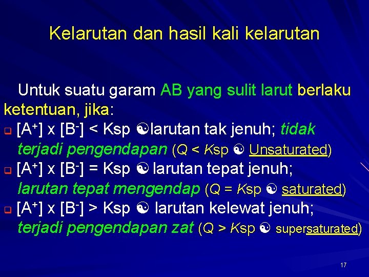 Kelarutan dan hasil kali kelarutan Untuk suatu garam AB yang sulit larut berlaku ketentuan,