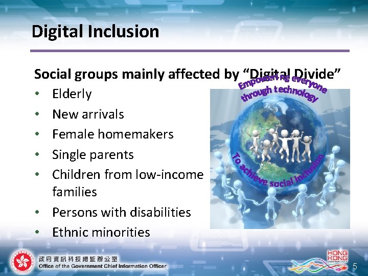 Digital Inclusion Social groups mainly affected by “Digital Divide” Elderly New arrivals Female homemakers