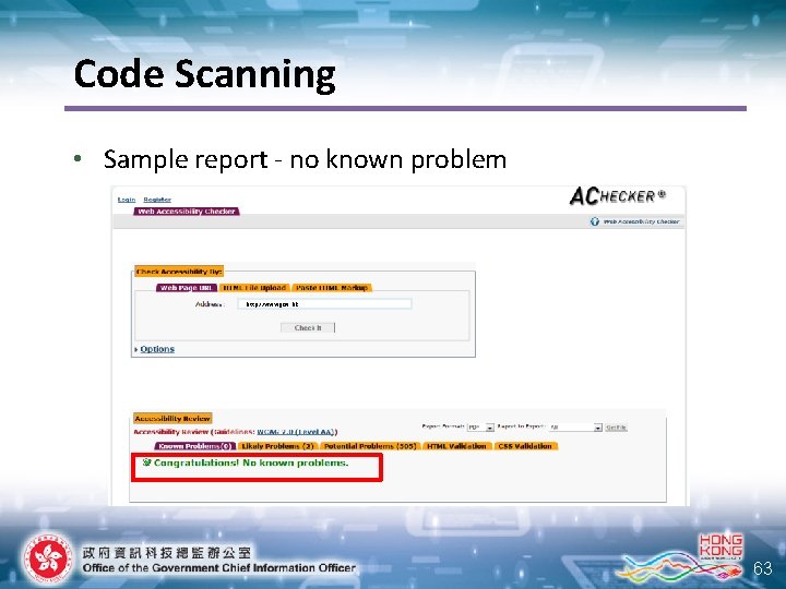 Code Scanning • Sample report - no known problem http: //www. gov. hk 63