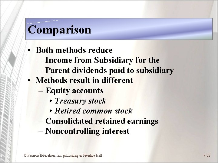 Comparison • Both methods reduce – Income from Subsidiary for the – Parent dividends