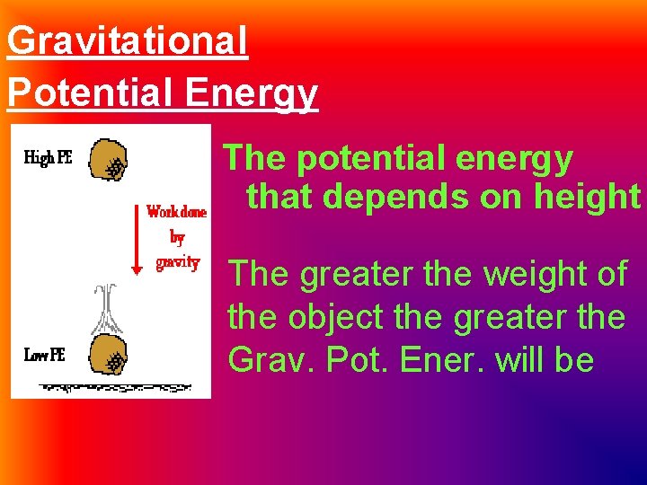 Gravitational Potential Energy The potential energy that depends on height The greater the weight