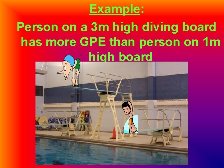 Example: Person on a 3 m high diving board has more GPE than person