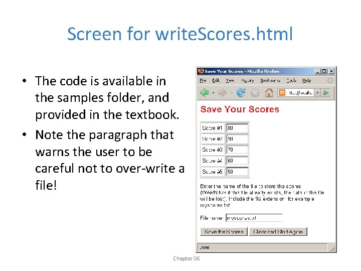 Screen for write. Scores. html • The code is available in the samples folder,
