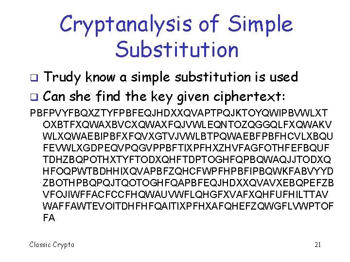 Cryptanalysis of Simple Substitution Trudy know a simple substitution is used q Can she