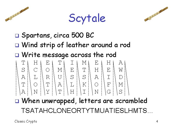 Scytale Spartans, circa 500 BC q Wind strip of leather around a rod q