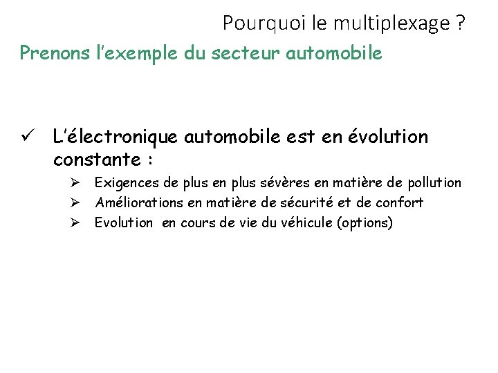 Pourquoi le multiplexage ? Prenons l’exemple du secteur automobile L’électronique automobile est en évolution