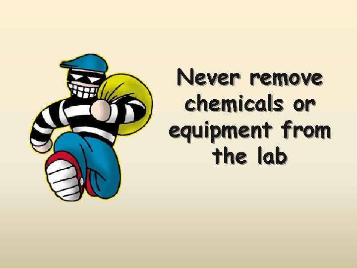 Never remove chemicals or equipment from the lab 