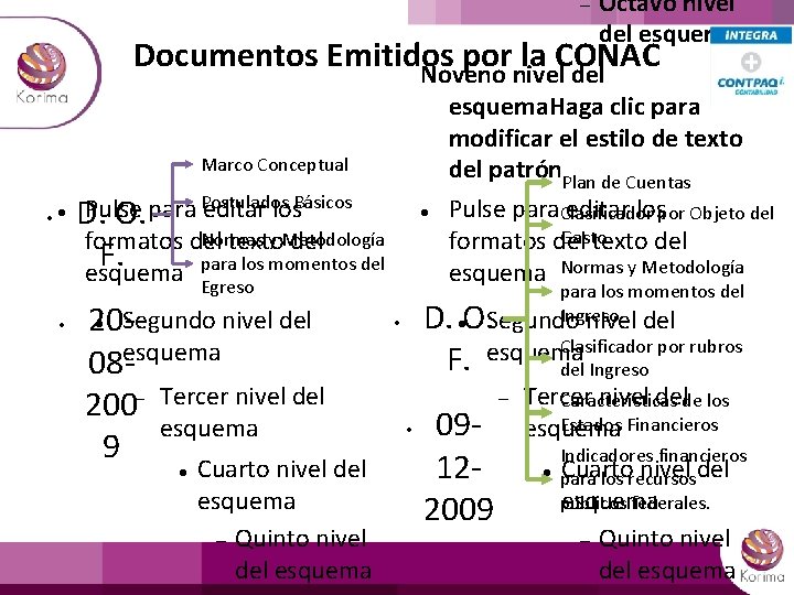  Octavo nivel del esquema Documentos Emitidos por la CONAC Noveno nivel del Marco