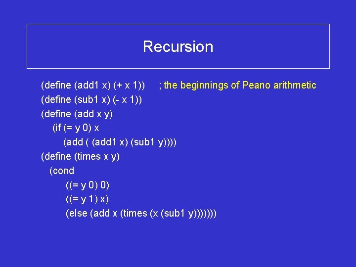 Recursion (define (add 1 x) (+ x 1)) ; the beginnings of Peano arithmetic