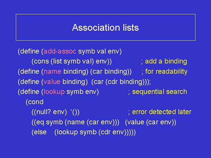 Association lists (define (add-assoc symb val env) (cons (list symb val) env)) ; add