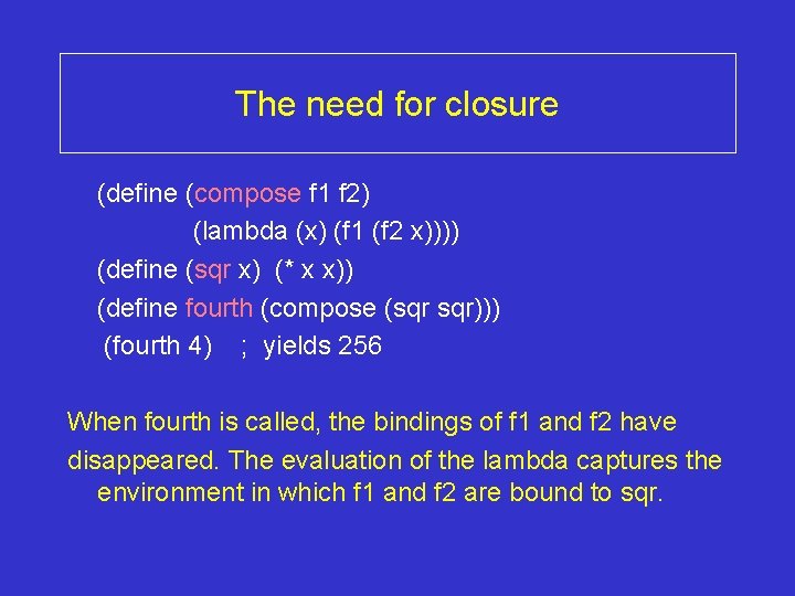 The need for closure (define (compose f 1 f 2) (lambda (x) (f 1