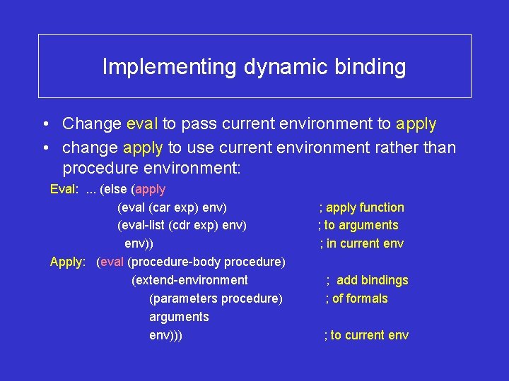 Implementing dynamic binding • Change eval to pass current environment to apply • change