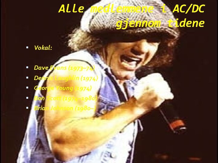 Alle medlemmene i AC/DC gjennom tidene Vokal: Dave Evans (1973– 74) Dennis Laughlin (1974)