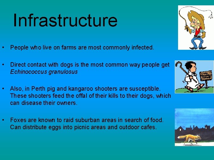 Infrastructure • People who live on farms are most commonly infected. • Direct contact