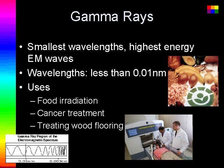 Gamma Rays • Smallest wavelengths, highest energy EM waves • Wavelengths: less than 0.