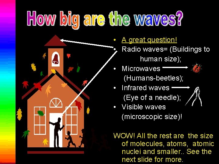  • A great question! • Radio waves= (Buildings to human size); • Microwaves