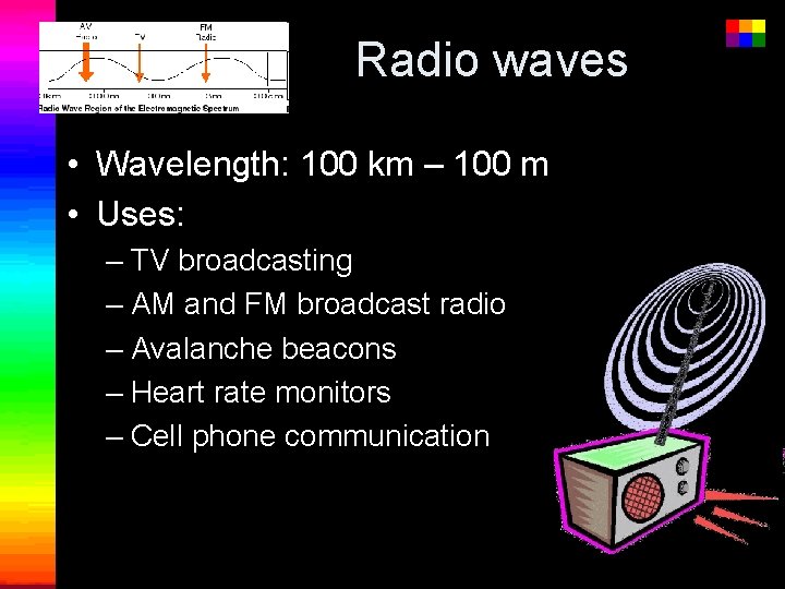 Radio waves • Wavelength: 100 km – 100 m • Uses: – TV broadcasting