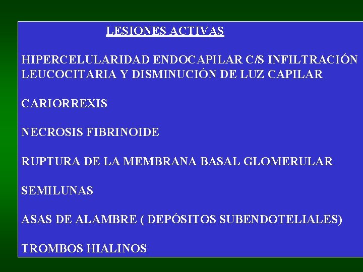 LESIONES ACTIVAS HIPERCELULARIDAD ENDOCAPILAR C/S INFILTRACIÓN LEUCOCITARIA Y DISMINUCIÓN DE LUZ CAPILAR CARIORREXIS NECROSIS